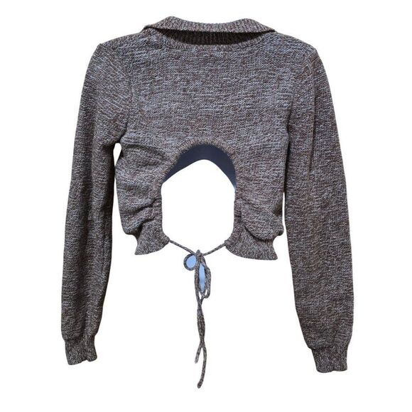 Madden NYC Brown/White Cropped Knit Long Sleeve Sweater Tie Back Detail Collared - Picture 2 of 7